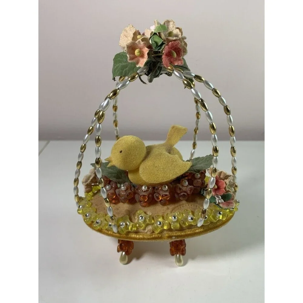 Vintage Beaded Push Pin Easter Basket 5.5” Tall Soap Beads Felt Chick Flowers